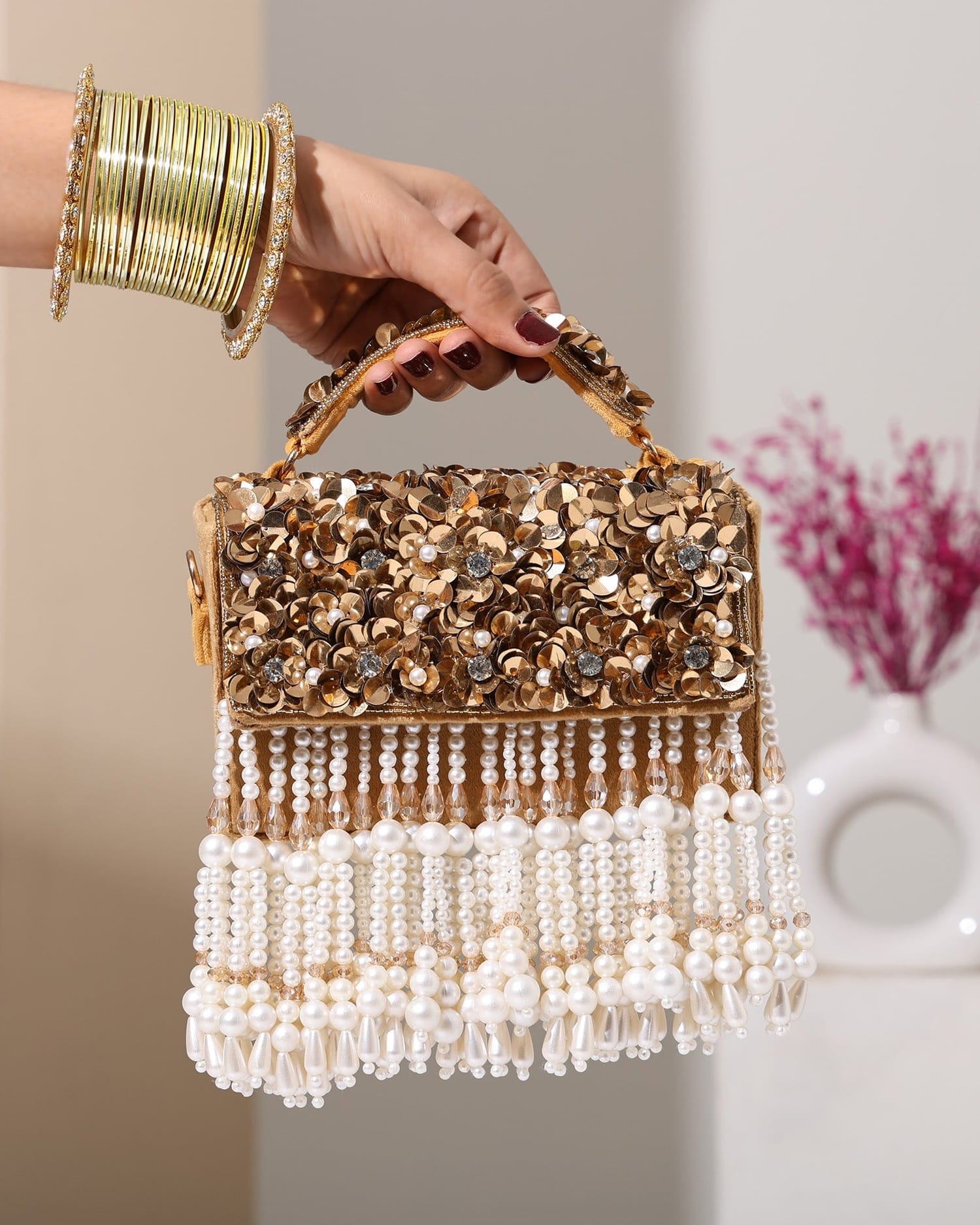 Nazaara Golden Box Clutch